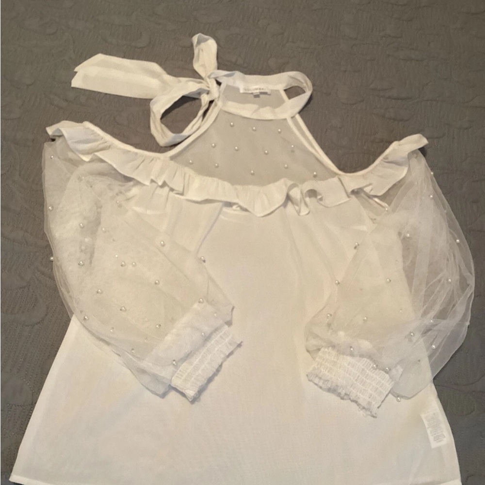 Lulumari White Sheer Blouse with Pearl Details